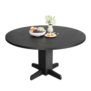 Garvee 47.2-Inch Round Oak Dining Table for 4-6 with Sturdy Base and Adjustable Foot Pads, Perfect for Kitchen or Dining Room in Black Finish