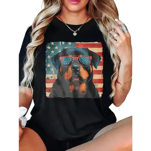 100% Cotton Rottweiler With American Flag Sunglasses T-Shirt Women Men Outdoor Casual Short Sleeve Comfortable And Versatile