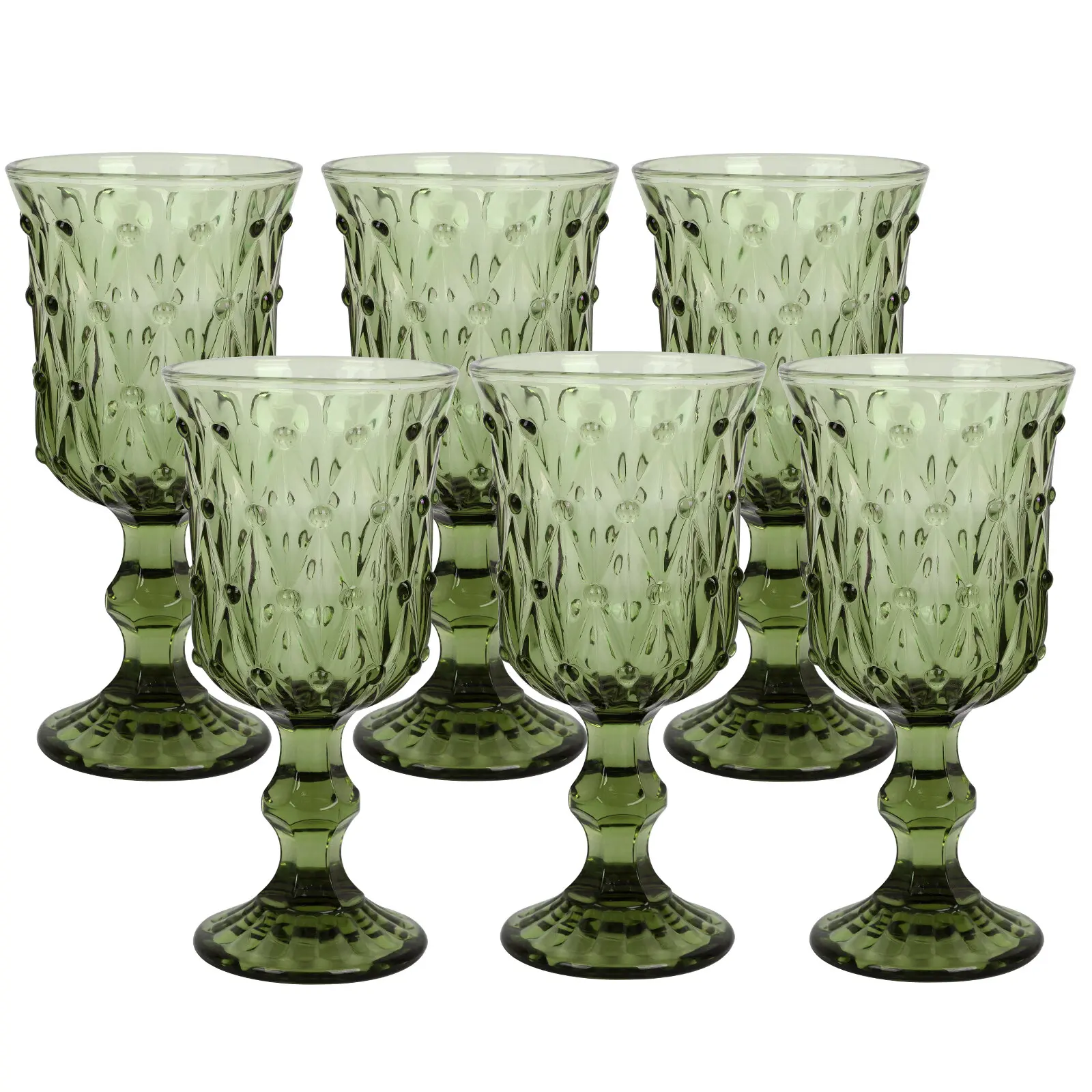 Elegant European Embossed Vintage Stemmed Wine Glasses Set - 6-Pack Green Durable Kitchen Drinkware, Tableware for Romantic Wine, Iced Water; Valentine’s Day Use