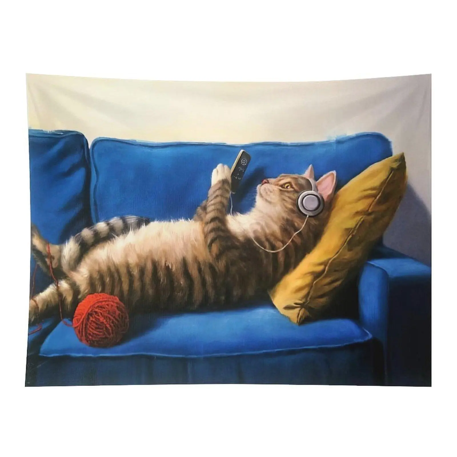 Lazy Tabby Cat Lying On Blue Sofa Wearing Headphones Holding Music Player Cute Kitten Oil Painting Wall Tapestry For Bedroom Dorm Aesthetic Decor