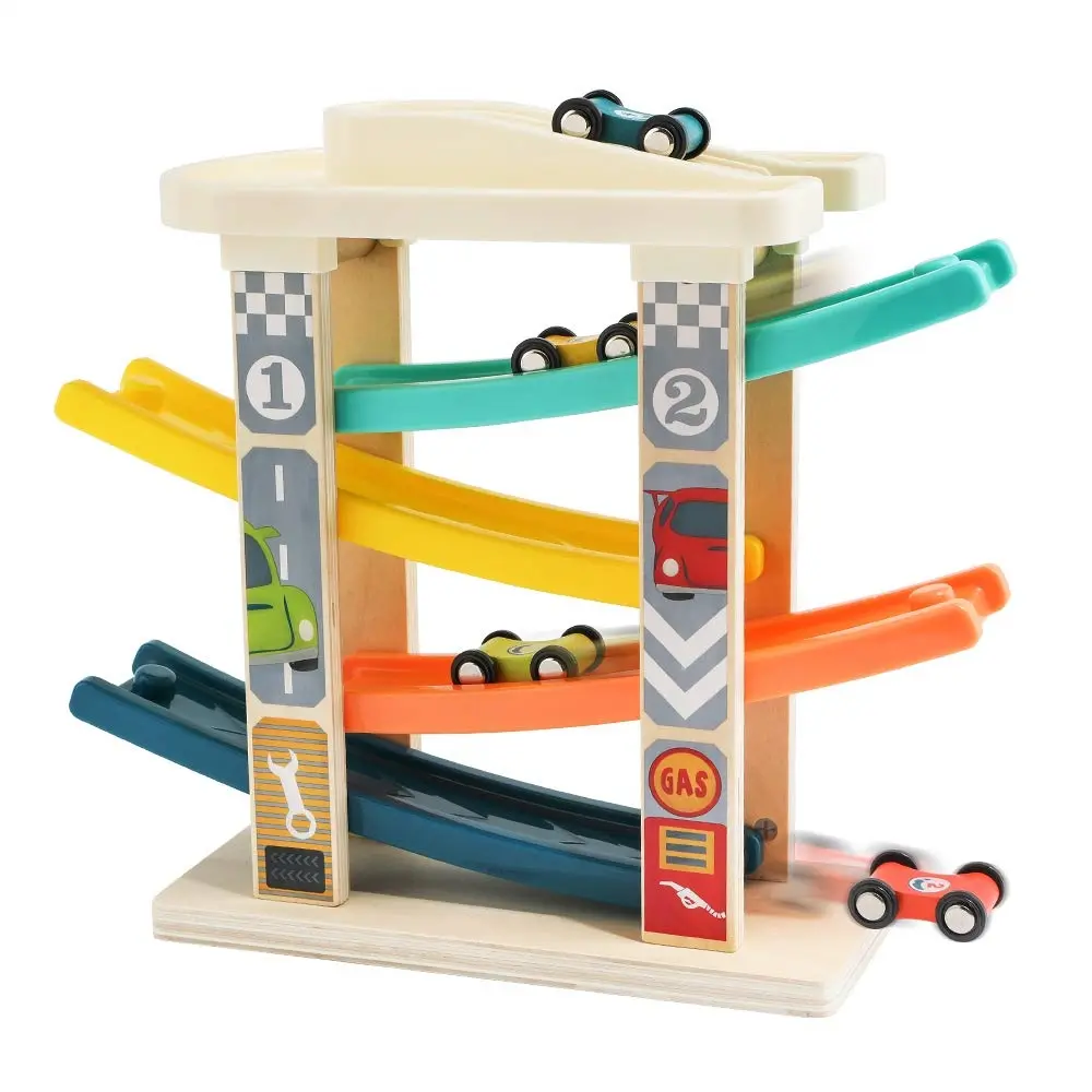 Toddler Wooden Race Track Car Ramp Toys for boys girls Motor Skills Race Tracks Car Ramp Vehicle Playsets with 4 Mini Cars and 1 Car Garage