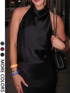 This Satin Halter Top is Chic Glam Out Vibes Draped Neck Open Back Sleeveless Blouse