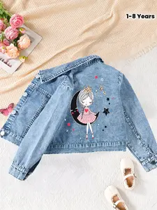 Adorable Girl's Denim Jacket, Back Idol Singer Print, Casual Comfortable Gift Choice, Sweet Cool Cartoon Print, Spring & Fall, Casual Cute Outerwear