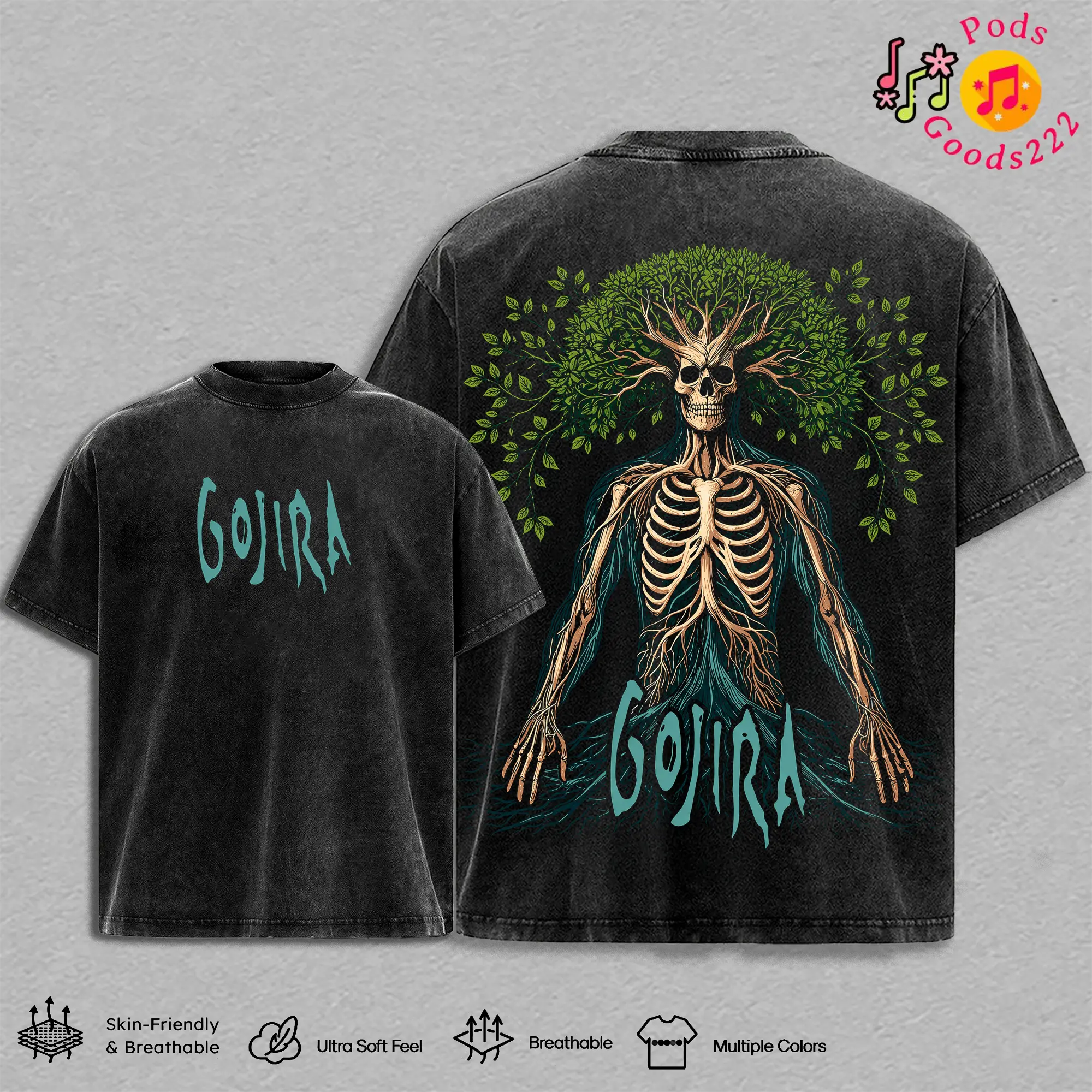 Gojira Tree Skull Graphic T-Shirt, Hoodie, Sweatshirt, Vintage Washed Oversized Heavyweight Cotton Tee, Double Sided Nature Metal Band Streetwear, Eco Death Metal Y2K Rock Apparel, Premium Unisex Concert Merch Gift