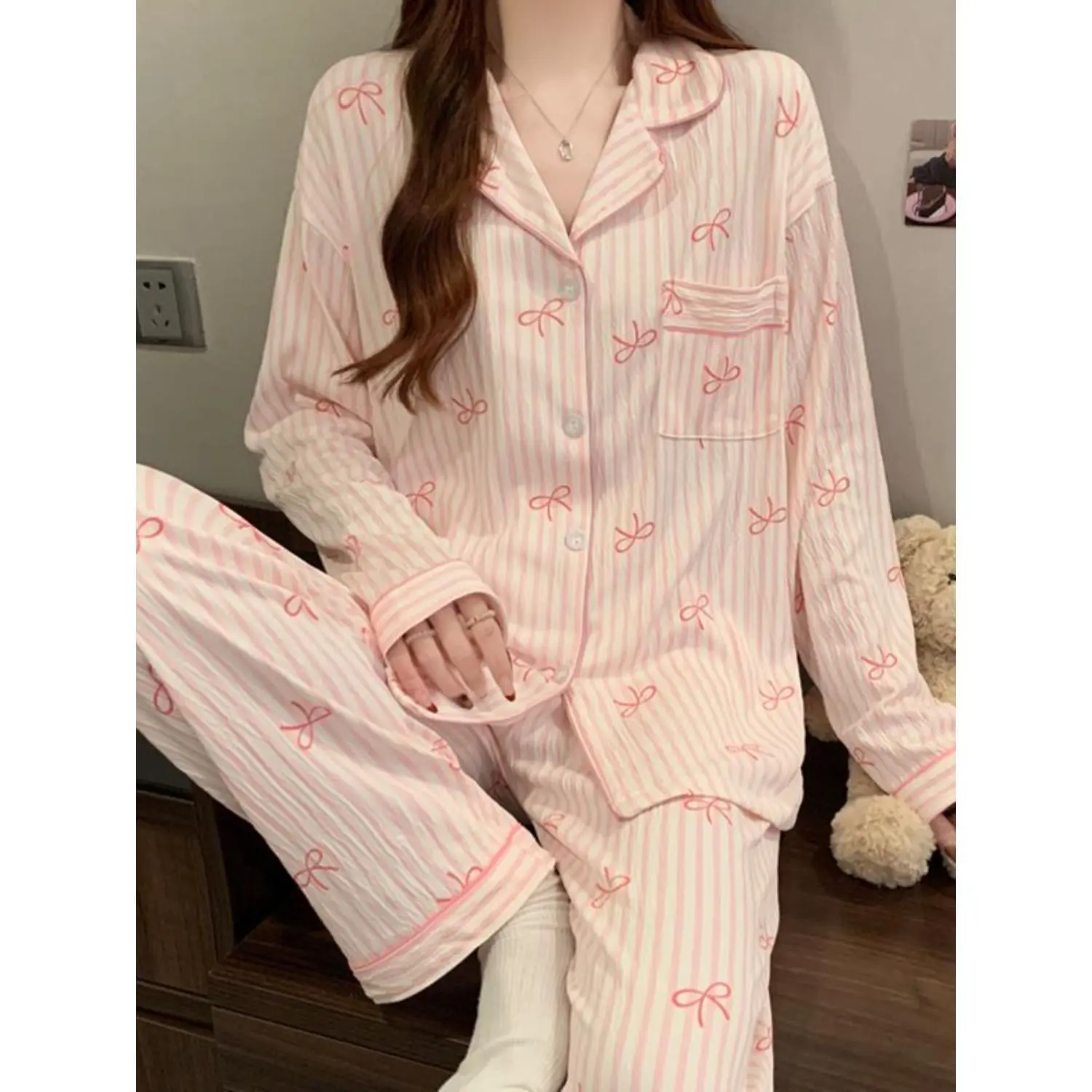 Pink Gentle Sweet Style Bow Striped Women'S Pajamas Casual Fashion Dopamine Harajuku Retro Chic Literary Aesthetic Romantic Design Print Homewear 2025 Spring And Autumn New Wrinkled Cloth Long-Sleeved Pants 2pcs Pajamas