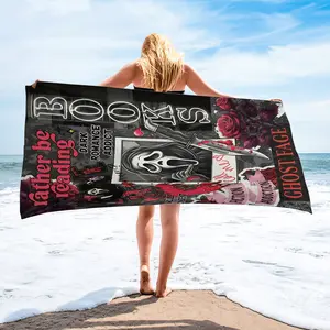 Gothic Dark Romance Beach Towel, Quick Dry Microfiber Sand Free Bath Towel, Spooky Ghost & Red Rose Print Absorbent Pool Towel, Lightweight Travel Towel for Summer Swimming Camping