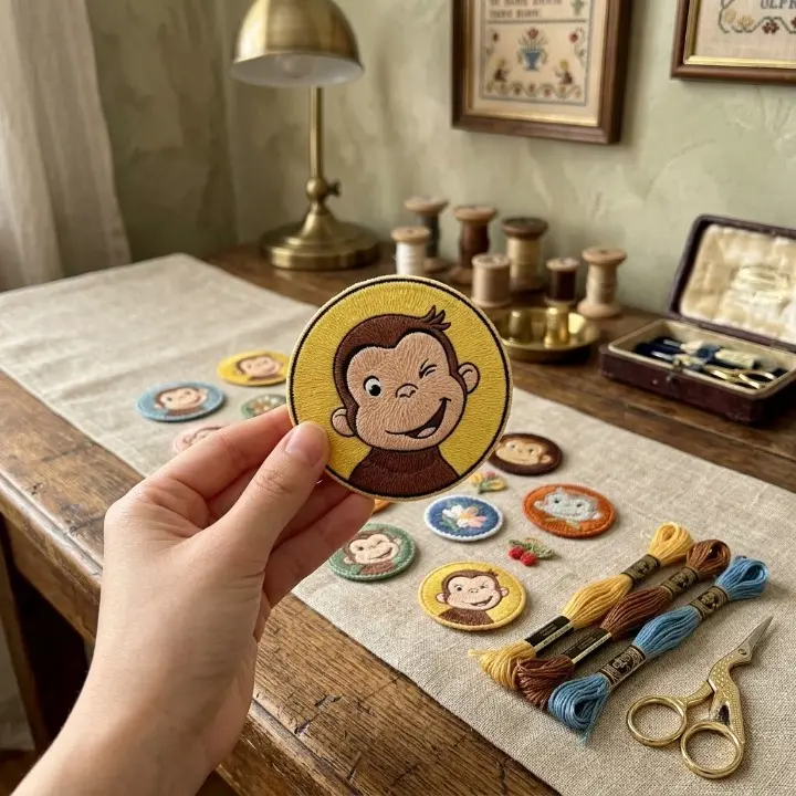 Curious George Embroidered Iron On Patch, Round Cartoon Animal Badge for Clothes