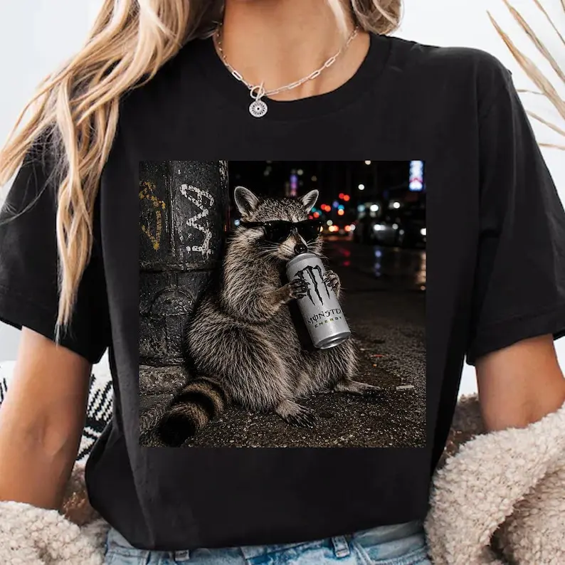 Cool Raccoon Monster Energy Drink Graphic Unisex Tee, Retro Funny Animal Shirt, Gift For Men Womens, Raccoon Meme Tshirt
