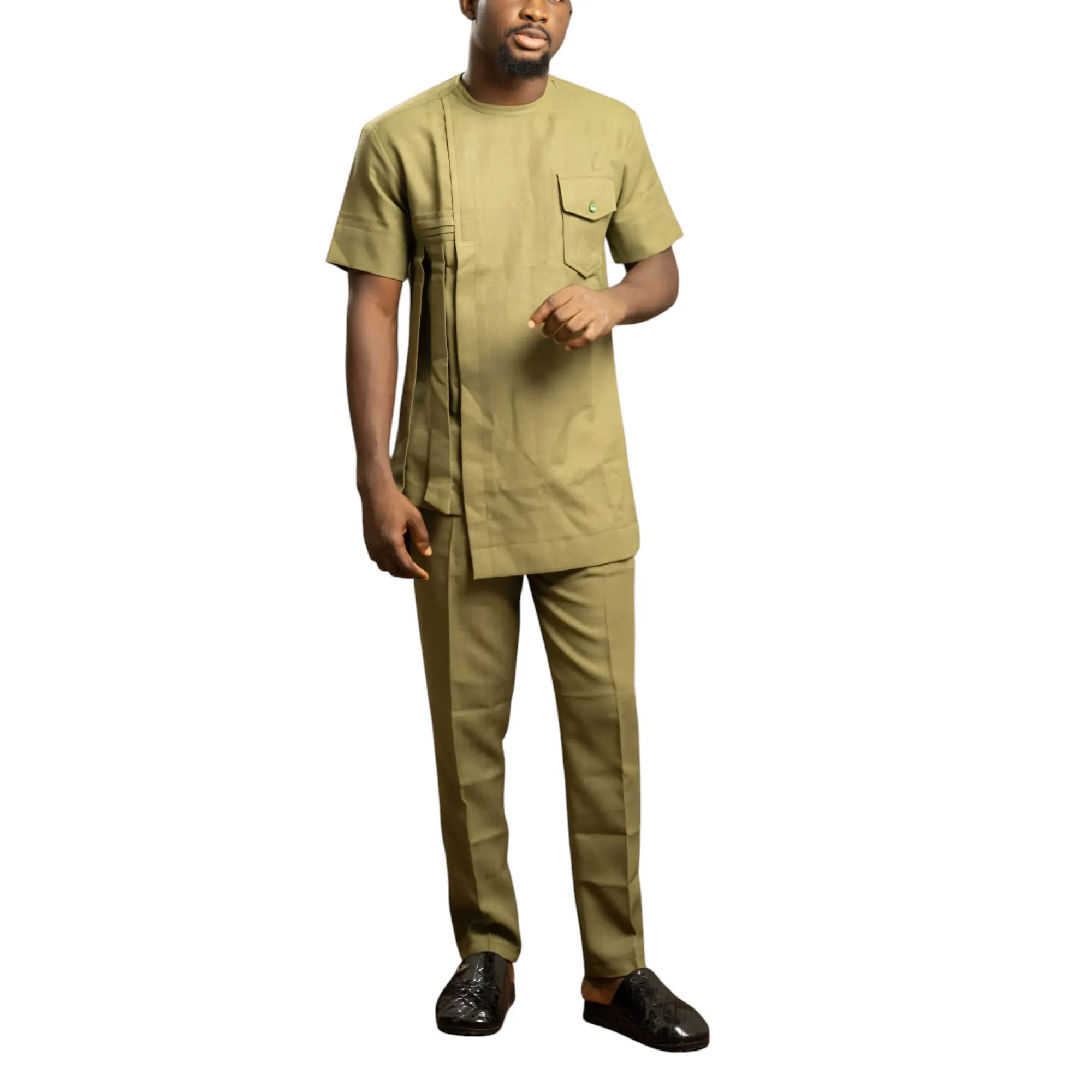 Men's ESARO Handmade 2-Piece Long Smooth Cotton Garment Set - Short-Sleeve Asymmetrical Caftan, Matching Top & Pants