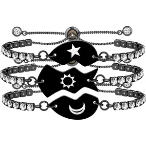 Family Puzzle Heart Bracelets Set for 3-3pcs Adjustable Black Engraved Cubic Zirconia Bolo Clasp Tennis Bracelets for  Sisters Mom Dad Daughter YA4774