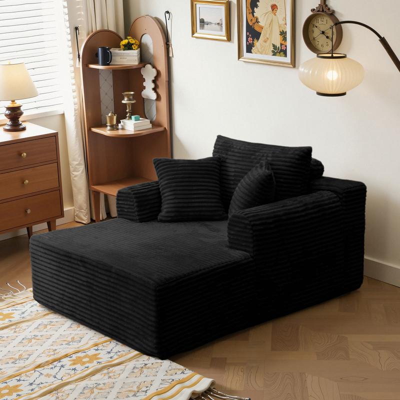 Oversized Boneless Chaise Lounge Upholstered Sofa Bed with Throw Pillows and Armrests Indoor Sleeper Chair Luxurious Plush Corduroy Chair Bed for Living Room No Assembly Required Black Color