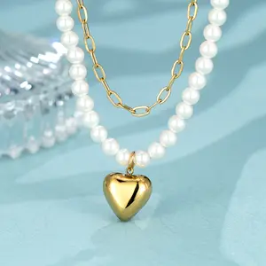 18K Gold Plated Titanium Steel Double Layer Freshwater Pearl Heart Pendant Necklace Minimalist Clavicle Chain Accessories For Women Gifts For Women