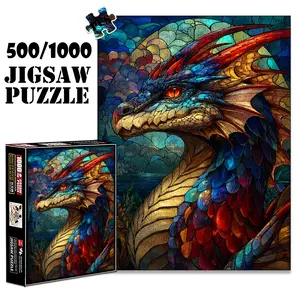 1pc 1000 piece adult puzzle 70x50cm Stained - glass Style Dragon with Castle in Background 500 pieces of paper jigsaw puzzle, suitable for adults and families, large-scale DIY puzzle interactive t