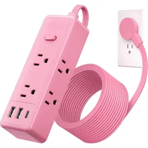 X-PSP01   Pink Extension Cord 10 ft, 1080 Joules Surge Protector Power Strip with 6 Widely Outlets 3 USB (1 USB C), Flat Plug Extension Cord Power Strip Long Cord for Home Office Dorm Room Essentials