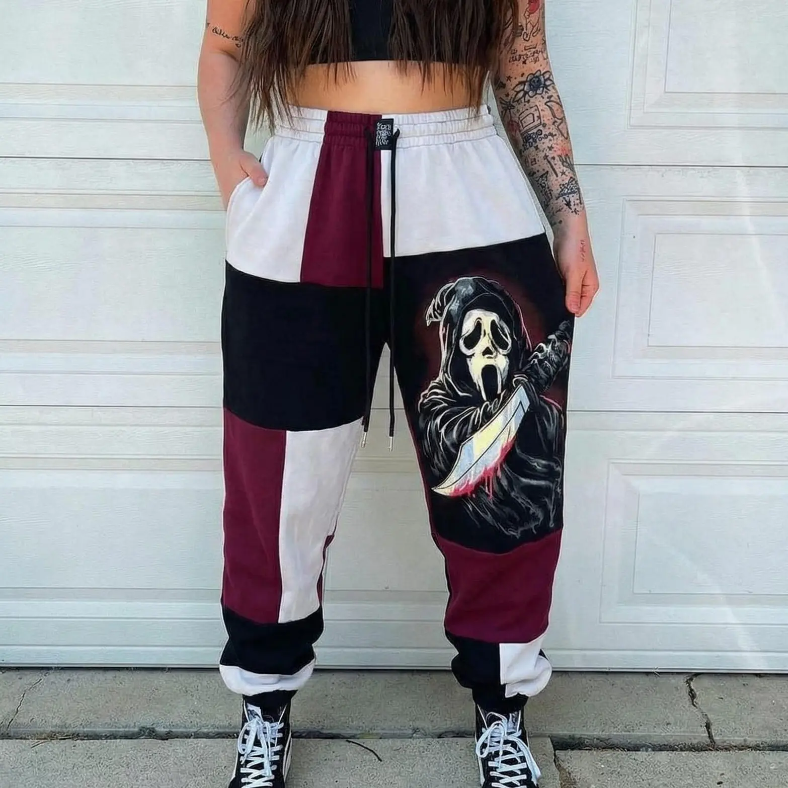 Ghost Face Horror Halloween Sweatpants, Patchwork Jogger Pants, Spooky Scream Streetwear Pants, Fall Winter Pants, For Men & Women, Gift For Horror Fans