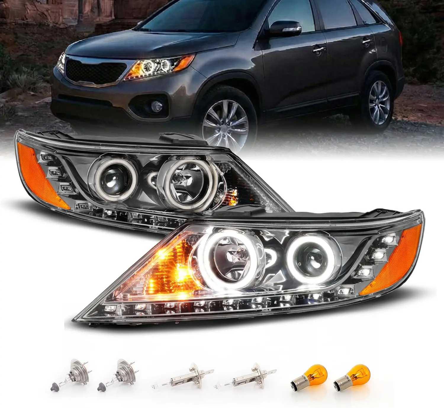 AmeriLite for 2011-2013 Kia Sorento Xtreme LED Halo Rings Gun-Metal Projector Headlights Set - Passenger and Driver Side