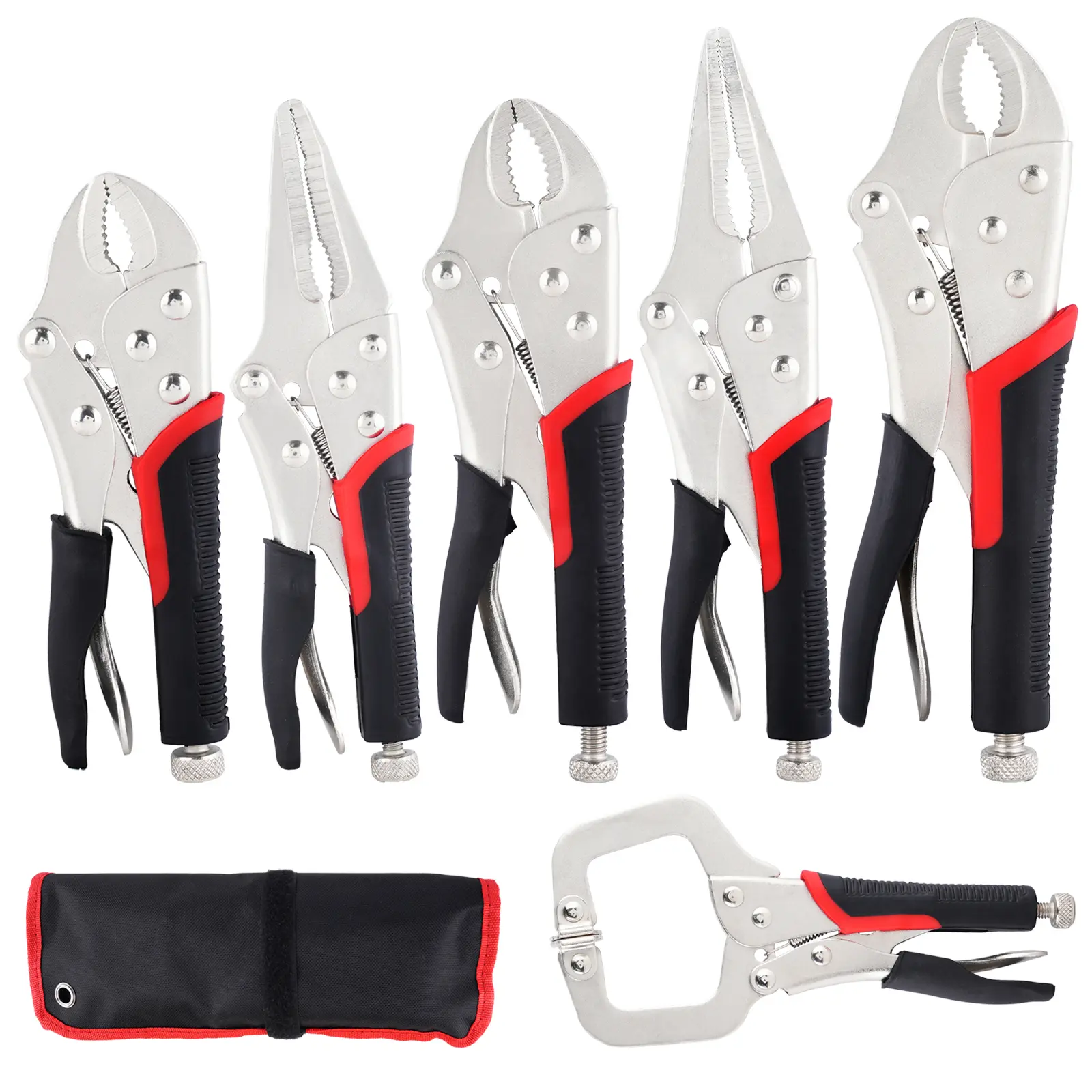 Dual-Purpose Tool Kit Set 6-Piece CR-V Steel Locking Pliers set 5/7/10 inch Curved Jaw 6/9 inch Long Nose C-type for Clamping Twisting Welding Tools Ergonomic Pliers with Quick Release Spring Loaded Mechanical repair tools Woodworking clamps
