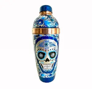 Mexican Handmade Copper 24 oz. Cobbler Shaker- Hand Painted Blue Sugar Skull Set Utensils