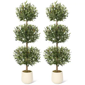 5FT Tall Artificial Olive Tree, 3-Tier Spherical Design Faux Olive Tree with Moss & Inner Pot, Realistic Potted Silk Artificial Olive Tree with Green Leaves and Big Fruits for Home Office Decor, 2PCS