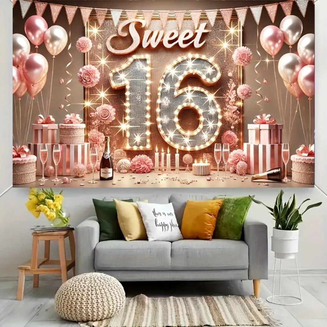 Sweet 16 Birthday Party Decorative Banner Background Decoration Backdrop, 1 Count 16th Birthday Celebrations Backdrop, Home Kitchen Event Backdrop, Happy Birthday Decorations, Ornaments