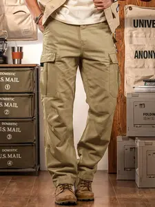Men’s retro workwear straight-leg casual pants — versatile long trousers with large side pockets, American motorcycle workwear wide-leg design