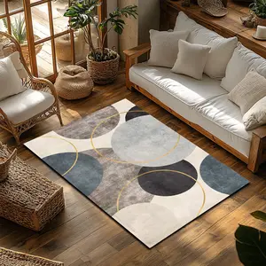 Modern abstract geometric circular pattern, gold accents, flannel rug - extra-large soft plush modern area rug, suitable for living room and bedroom, non-slip and thickened, minimalist pattern, ideal for modern home decor lovers. #modernrug #geometricrug