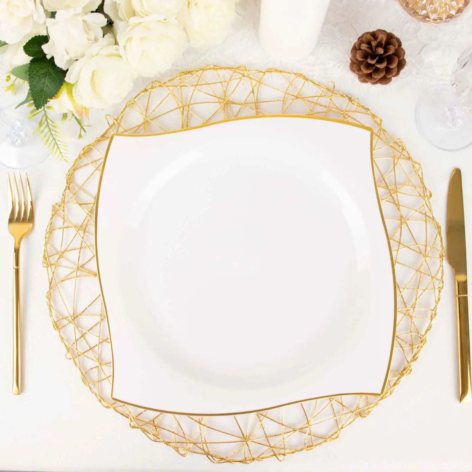 10-Pack 10" White Plastic Square Dinner Plates with Gold Wavy Rim - Elegant Disposable Tableware Set for Party Supplies, Weddings & Stylish Events