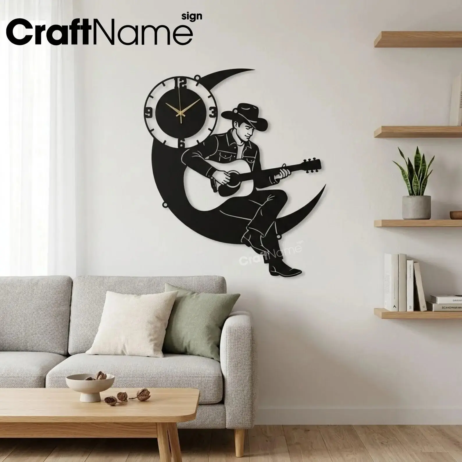 CraftNameSign Cowboy Guitar Metal Wall Clock | Country Music Moon Wall Art | Rustic Farmhouse Decor | Silent Wall Clock | Western Home Decoration Gift