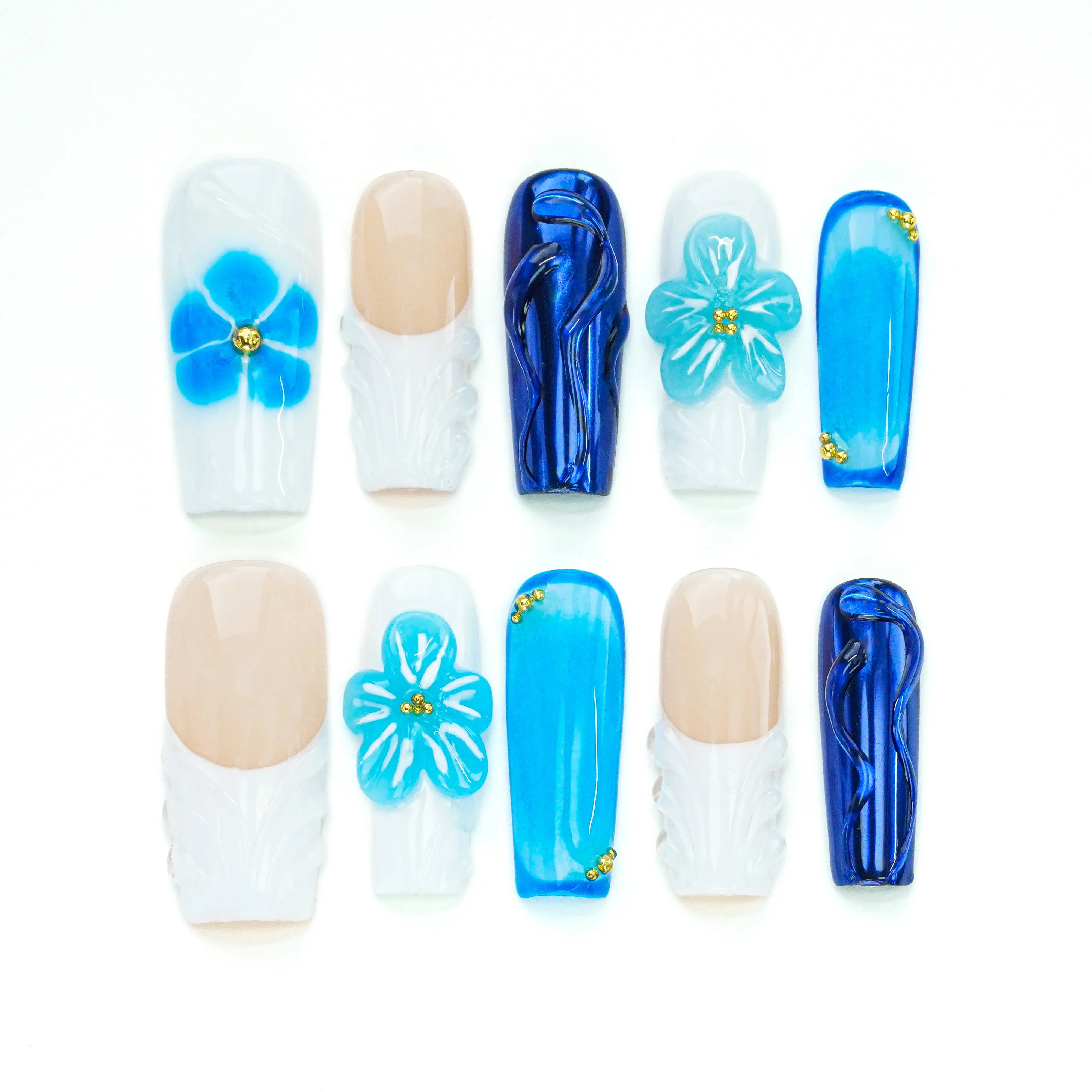10PCS 3D Square Collections  Reusable Handmade Press-On Nails – Acrylic REUSABLE 3D Gel Summer 2025/Prom
