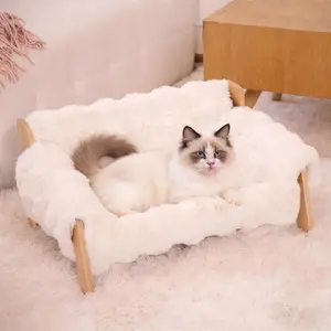 Elevated Pet Couch Bed, Wooden Cat and Small Dog Sofa, Removable Washable Fluffy Cover Raised, Kitty Lounge Chair Suitable for Puppy for Indoor