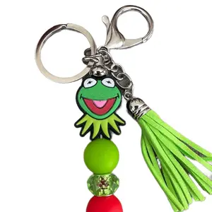 Frog Handmade Beaded Keychain with Green Tassel and Colorful Beads for Stylish Accessory