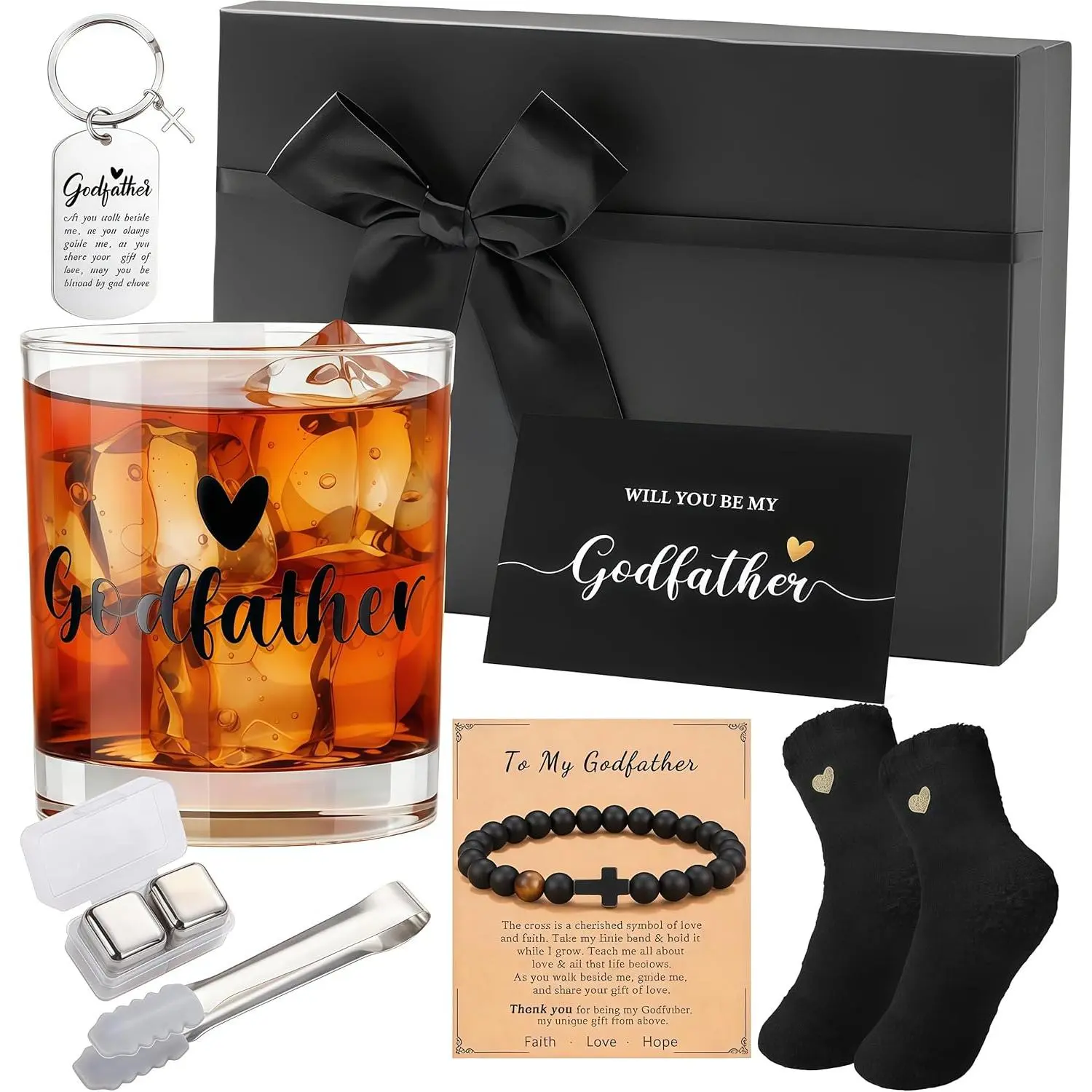 8-Piece Godfather Proposal Gift Set - Godchild's Ceremonial Gift Box with Glass Socks, Keychain, Cross Bracelet for Baptism, Father's Day Gratitude