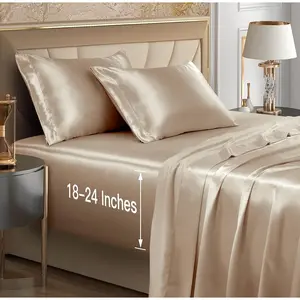 4pcs Deep Sheets Full Size Bed Set, Beige Sheet Set Fit 18-24 Inch Mattress, & Luxury Bedding Set Soft & Deep Fitted Sheet Set