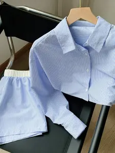 Two-piece Set Women's Striped Print Button Top & Shorts, Casual Long Sleeve Top & Shorts for Daily Wear, Ladies Clothes for All Seasons, Fall outfit, Womenswear