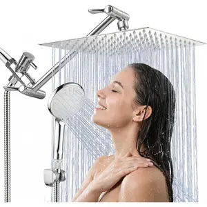 8 Inch High Pressure Rainfall Shower Head Handheld Shower Combo with 11 Inch Extension Arm 9 Settings Adjustable Anti-leak Shower Head with Holder Hose Height Angle Adjustable