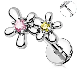 Oufer 16G Flower Top Colorful CZ Helix Lip Stud Internally Threaded