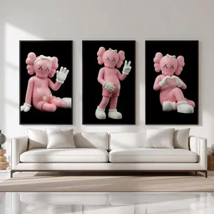 Decorative HypeBeast Pink Kaws Inspired Designer Wall Art Poster Print Set Of 3, Kaws Style Hypebeast Decor, Arrtful Cute Decor Print,Kaws Figured