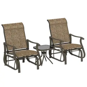 3-Piece Outdoor Gliders Set Bistro Set – 2 Patio Gliders + Tempered Glass Top Table. Perfect for Patio, Garden or Porch. Light Mixed Brown