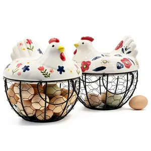 Farmhouse Ceramic Chicken Egg Basket withMetal Wire & Lid, Multi-Functional DecorativeKitchen Storage Container for Eggs, Fruits, Multi-Grid Rotating Food Storage Organizer Bin & MealPrep Container, Handwoven summervibes, easterbaskets