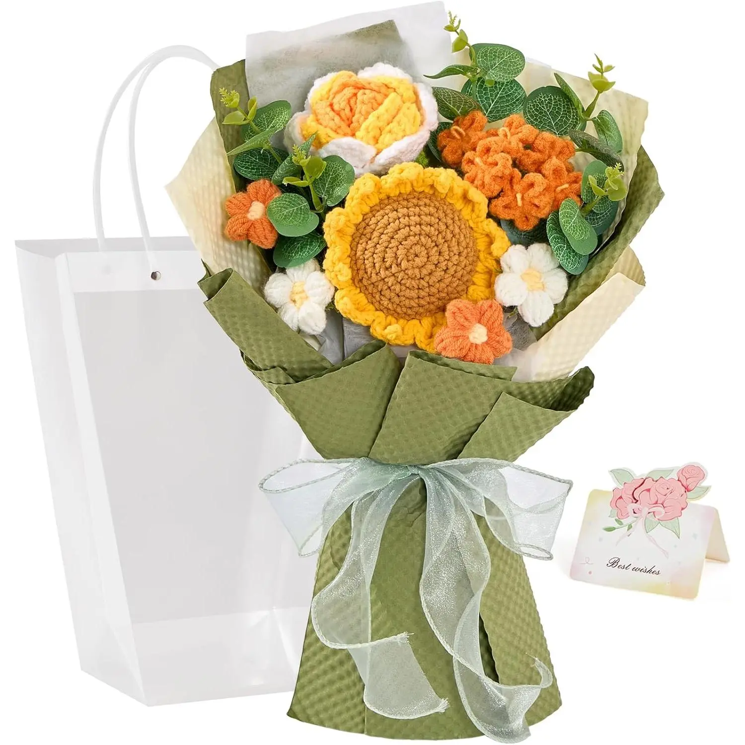 Crochet Flower Bouquet, Knitted Sunflower , Green  Bouquet of  for Lover Anniversary Birthday Party Mother's Day Graduation Gifts (Include Card)