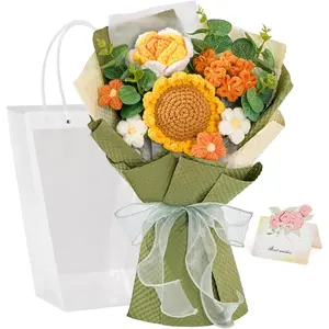 Crochet Flower Bouquet, Knitted Sunflower , Green  Bouquet of  for Lover Anniversary Birthday Party Mother's Day Graduation Gifts (Include Card)
