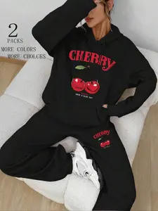 Women's Cherry Print Sweatshirt & Pocket Sweatpants Set, Casual Long Sleeve Pullover & Jogger Pants, Lady Fall & Winter Clothes for Daily Wear, Suits