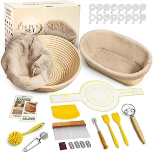 Sourdough Starter Kit, 9" Round & 10" Oval Banneton Bread Proofing Baskets Set, Sourdough Bread Baking Supplies Making Tools with Dough Scraper, Whisk, Bread Lame, Silicone Sling, Recipe