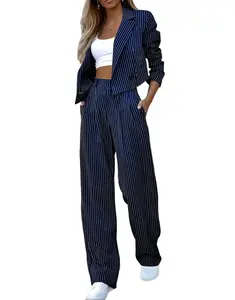 Women's Pinstripe Two Piece Suit Set — Cropped Blazer & Wide Leg Pants Matching Outfit