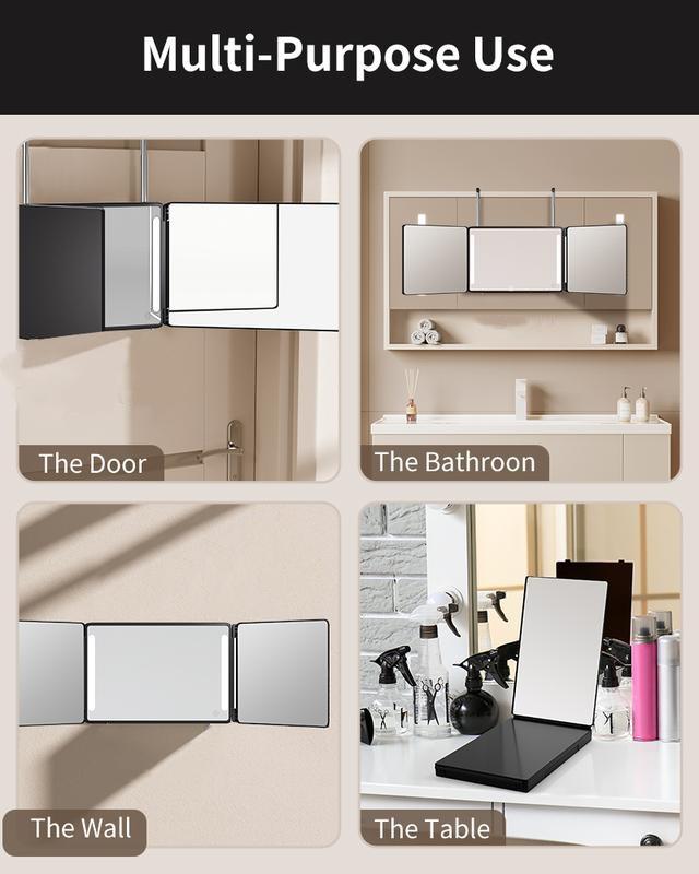 Adjustable LED Light 3 Way Mirror, Portable Trifold Mirror for Shaving, Grooming, Hair Styling, Dye Hair, Makeup, Braiding, 360 Degree Mirror
