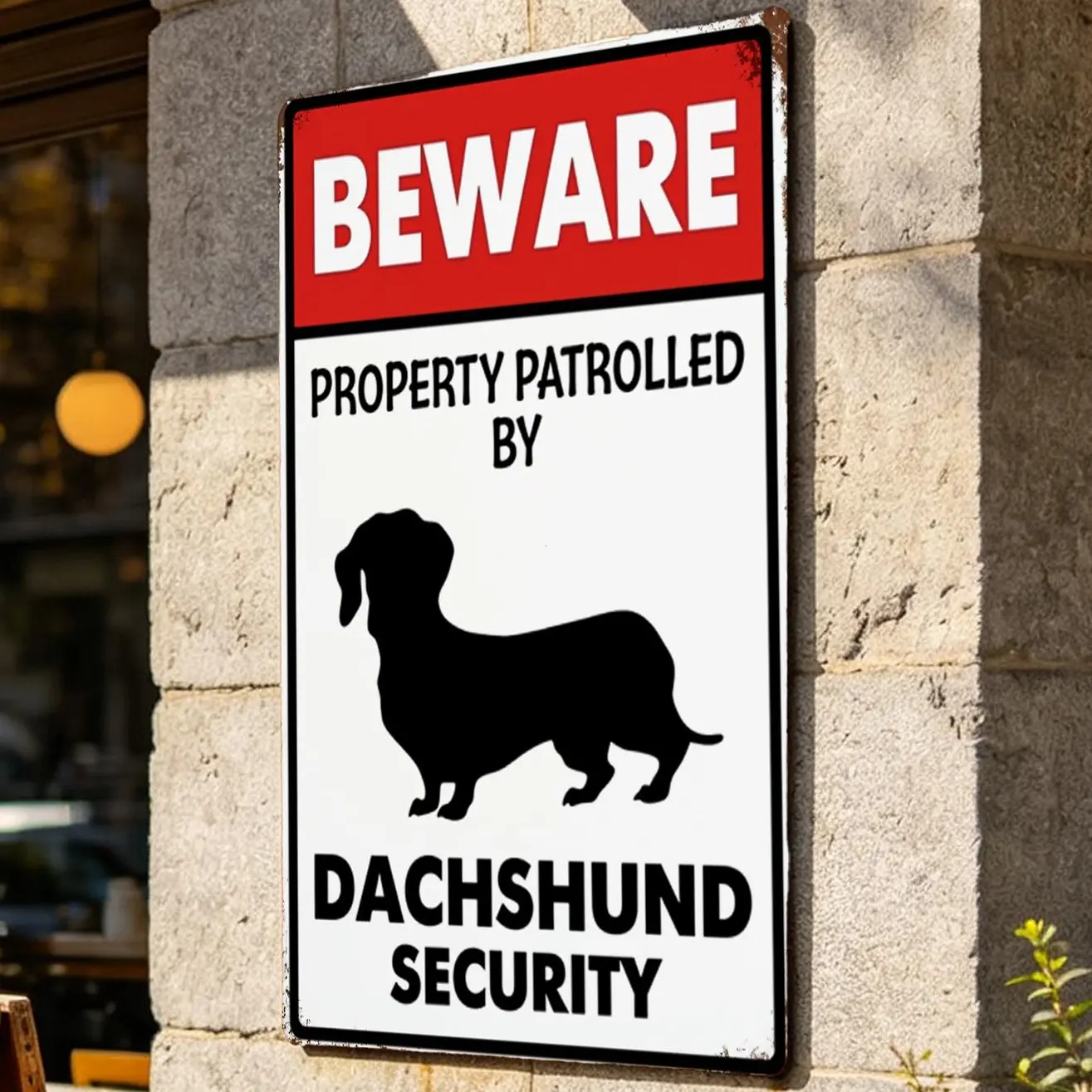 Beware Dachshund Security Metal Tin Sign, Funny Dog Warning Sign, Vintage Tin Wall Decor for Front Door, Fence, Garage, Yard, Home, 8x12 Inch