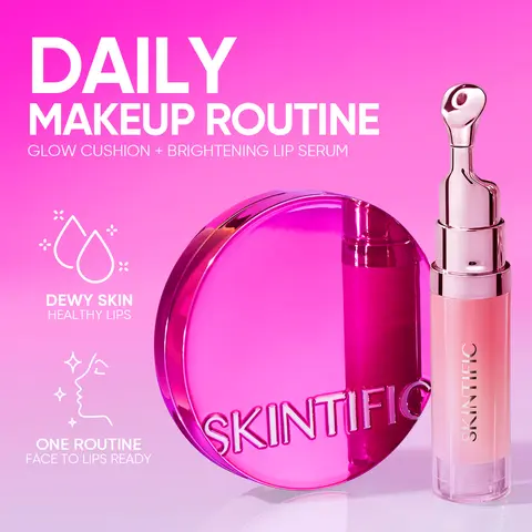[New Launch]SKINTIFIC 2PCS Daily Makeup Routine – Cover Glow Perfect Cushion + Peptide Brightening Lip Serum Water-Light Dewy Finish Humid Weather Friendly Non-Sticky Lip Glow