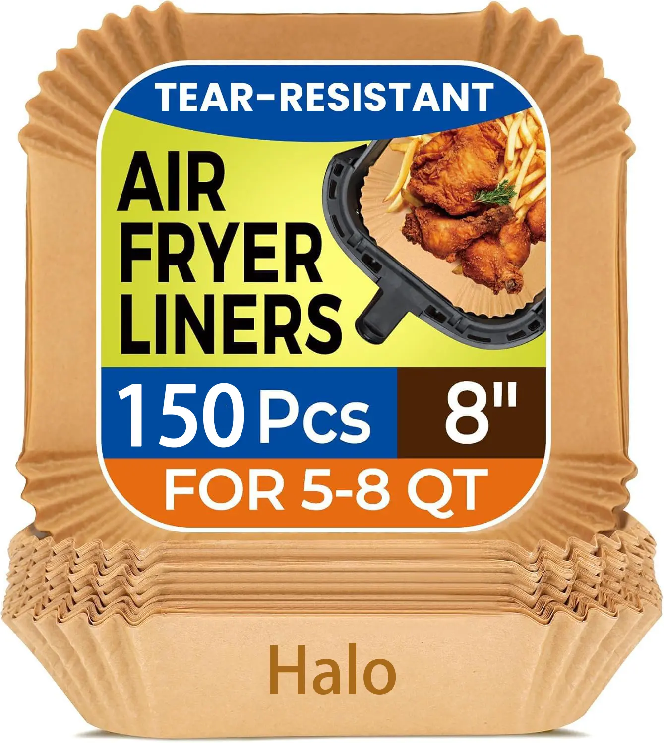 Air Fryer Paper Liners, 150Pcs Parchment Paper, Air Fryer Liners Disposable for Microwave, Non-Stick Air Fryer Liner Square Free of Bleach (8IN)