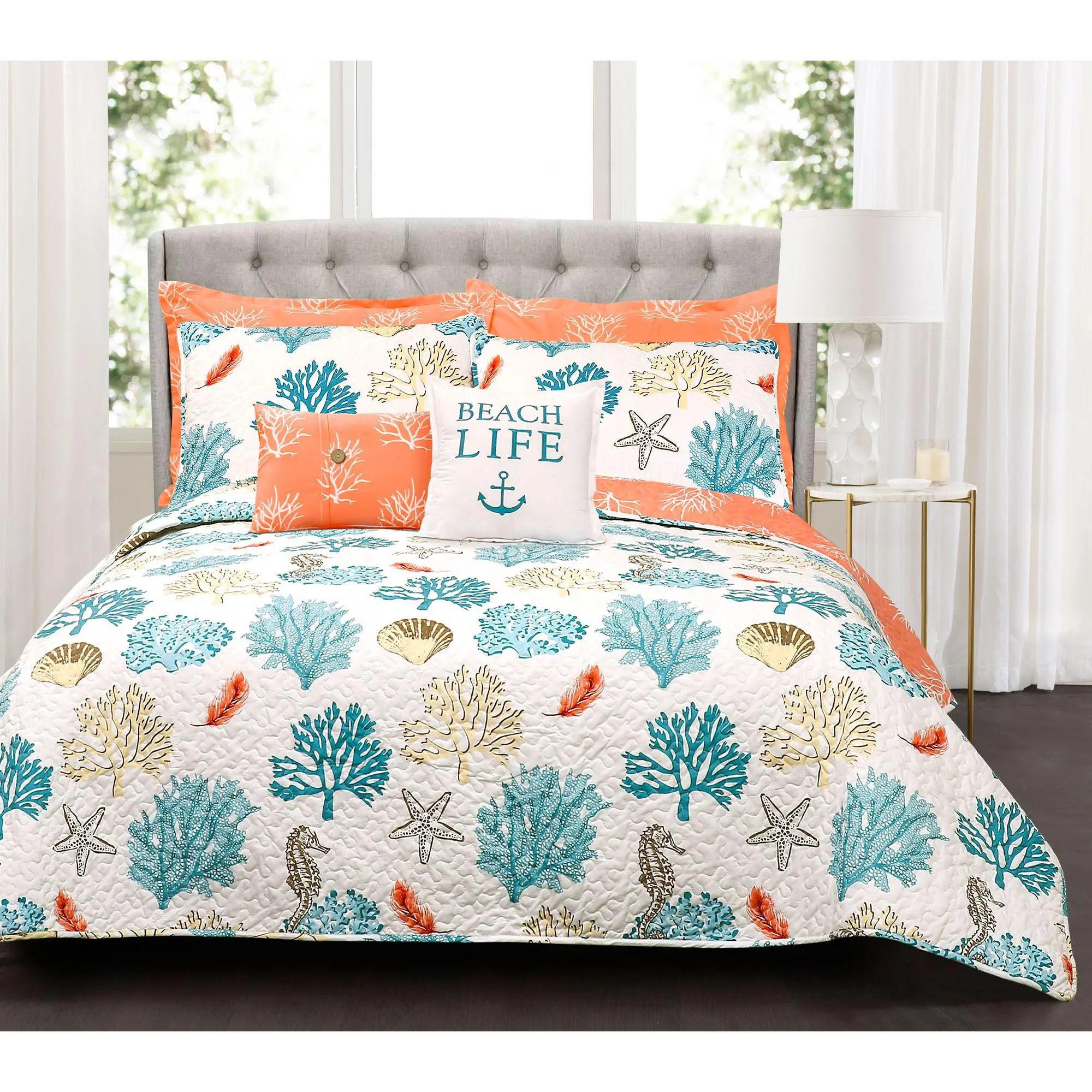 Coastal Reef Blue/Coral 7-Piece King Quilt Setby Lush Decor Coastal Reef Blue/Coral 7-Piece King Quilt Setby Lush Decor