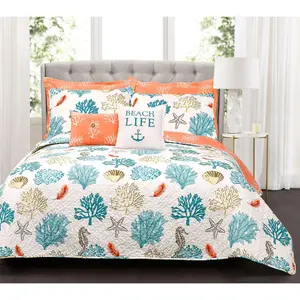 Coastal Reef Blue/Coral 7-Piece King Quilt Setby Lush Decor